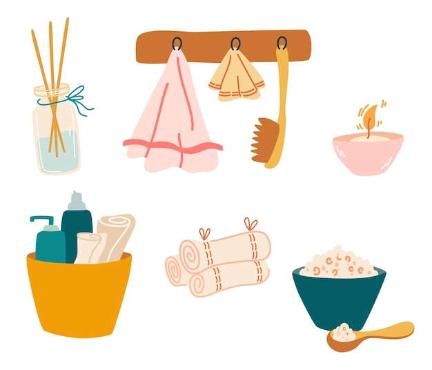 Bath items. Bathroom accessories collection. Towel, bath salt, set of creams and shampoos, candles and aroma sticks. Beauty and skincare cosmetic products, decorative cosmetics. Vector illustration