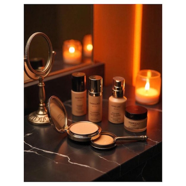 Vector a bathroom counter with various products including a candle a mirror and a candle