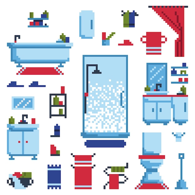 Bathroom furniture set isolated on white background. Vector illustration in pixel art style.