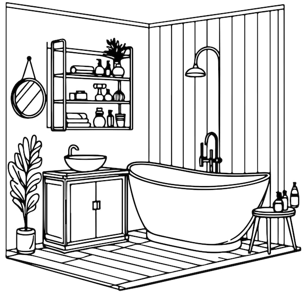 Bathroom graphic home interior black white sketch illustration vector