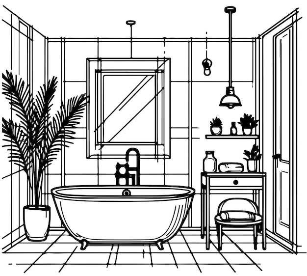 Bathroom graphic home interior black white sketch illustration vector