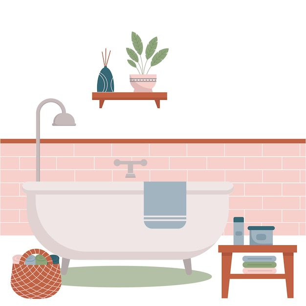 Bathroom interior Bath tub tile bath accessories cosmetics and plant Comfy bathroom design Vector illustration