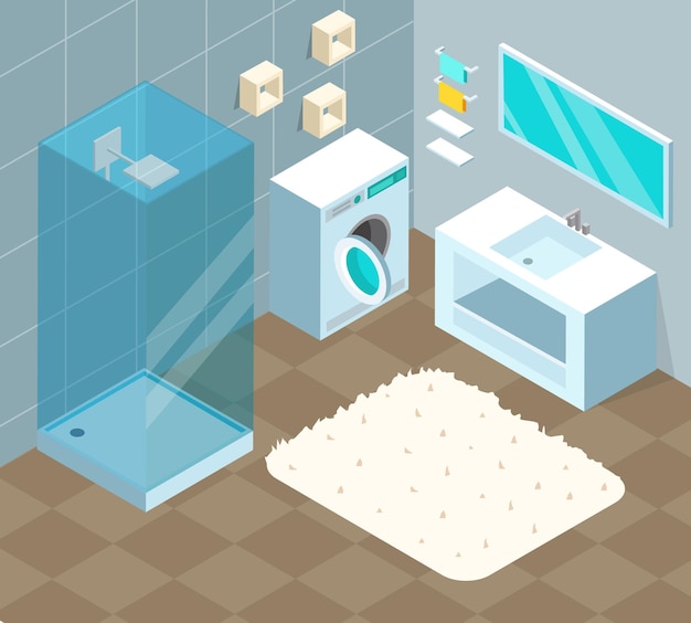 Bathroom isometric interior with bath, shower, washing machine, washbasin