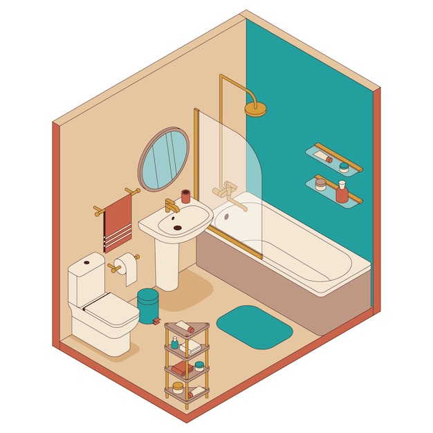 Bathroom in isometric style. Bath, washbasin and toilet