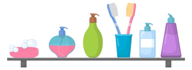 Bathroom shelf with plastic soap containers and toothbrushes