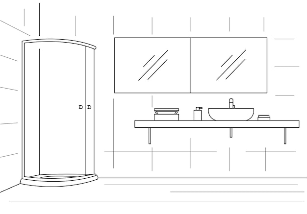 Bathroom Shower double mirror worktop with sink Vector illustration in a linear style