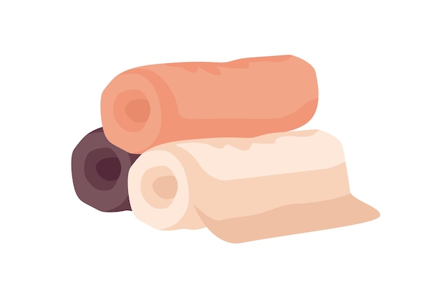 Bathroom towels flat vector illustration. Beige, orange and brown rolled towels pile isolated on white background. Spa center, hotel textile accessories. Luxury soft bathroom linen.