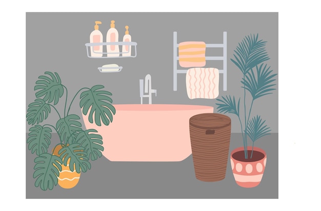 Bathroom vector illustration Bathroom interior in bohemian style with monstera and palm Vector clip art in cartoon