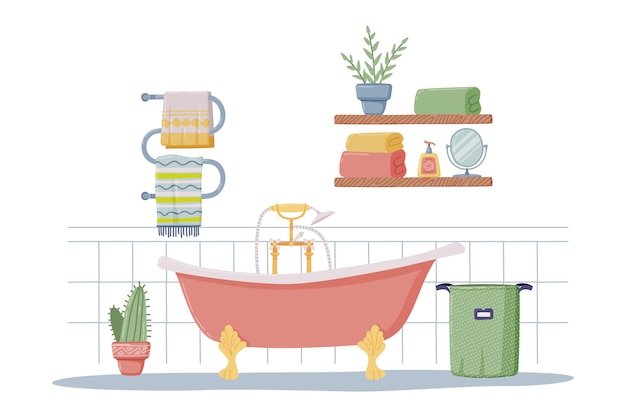 Vector bathroom or washroom interior with towel rail bathtub and laundry basket vector illustration