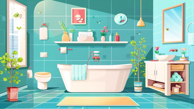 Vector a bathroom with a blue tile floor and a tub with a picture of a toilet and a shelf