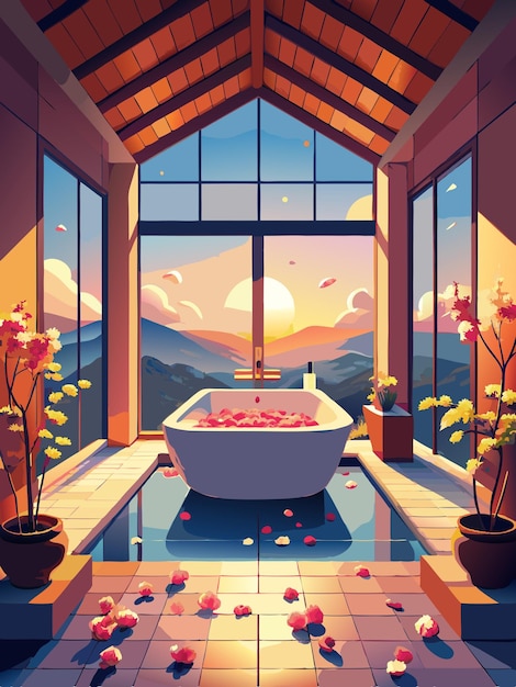 Vector a bathroom with a tub with flowers in it and the words quot love quot on the bottom