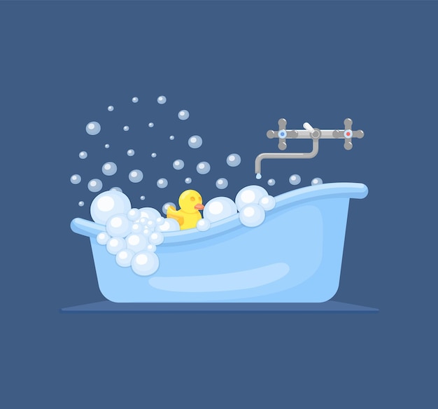 Bathtub with duck Baby shower tub with yellow cartoon toy and foam Soap bubbles funny hygiene concept Bathroom elements decent vector set