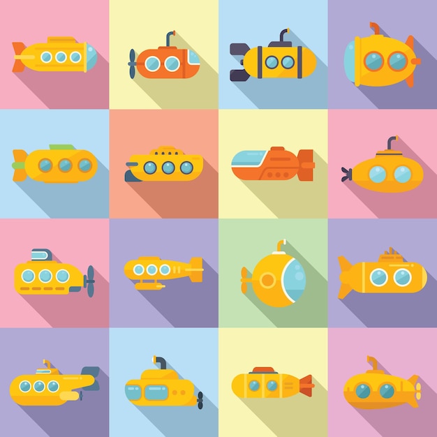 Bathyscaphe icons set flat vector. Diving submarine. Deep apparatus