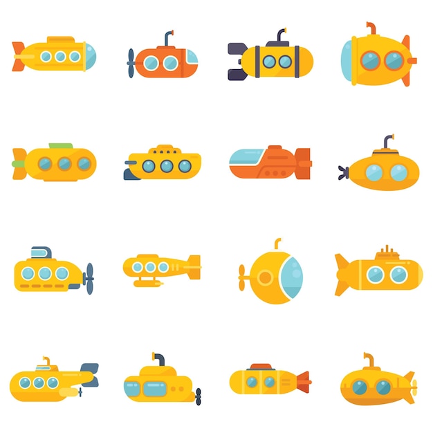 Bathyscaphe icons set flat vector Diving submarine