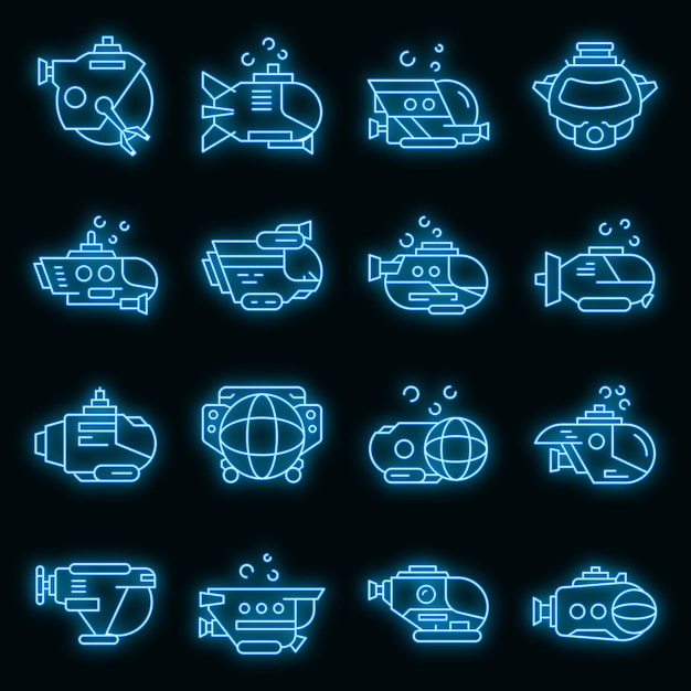 Bathyscaphe icons set. Outline set of bathyscaphe vector icons neon color on black