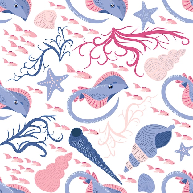 Batomorphi sea life fish animals bright seamless pattern sea travel snorkeling with animals tropical fish