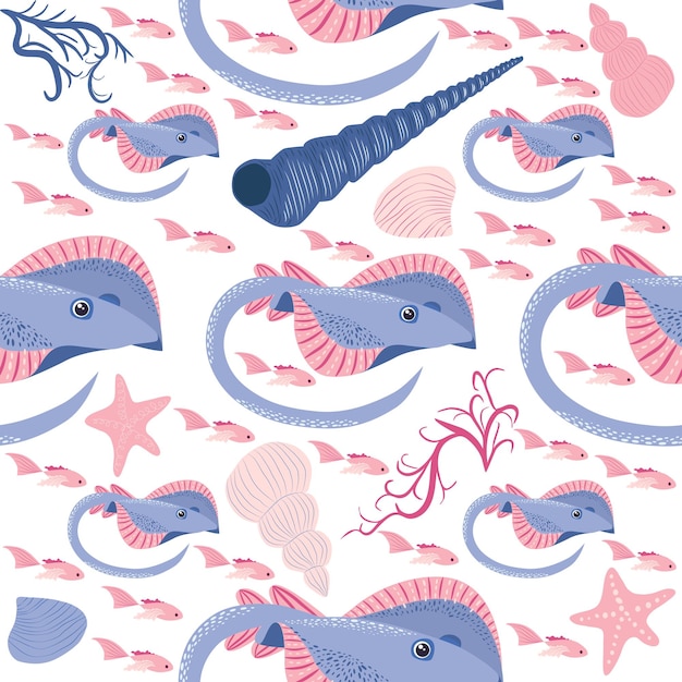 Batomorphi sea life fish animals bright seamless pattern sea travel snorkeling with animals tropical fish