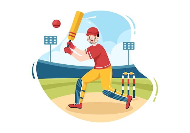 Batsman Playing Cricket Sports with Ball and Stick in Flat Cartoon Field Background Illustration