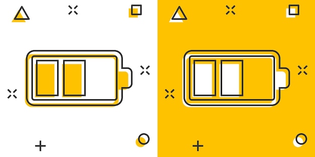 Battery charge icon in comic style Power level cartoon vector illustration on white isolated background Lithium accumulator splash effect business concept