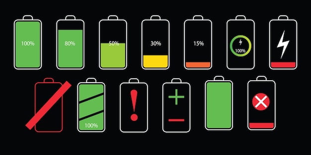 Battery charge indicator icon set. Vector illustration on black background.