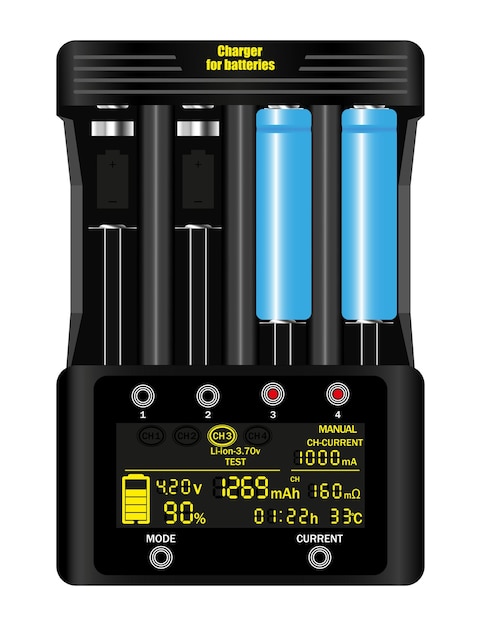 Battery charger for 18650 batteries Black 4socket charger with charging information on the screen Isolated on white background Vector