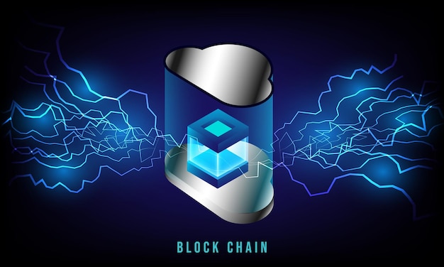 Battery charging process on Block chain plugged in to electricity technology background