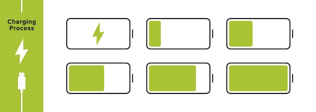 Battery charging process Different Battery charge level Set of battery charge level indicators Wireless charging energy sign Vector Illustration