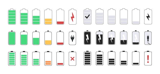 Battery icons, charge level, phone charge status, vector illustration