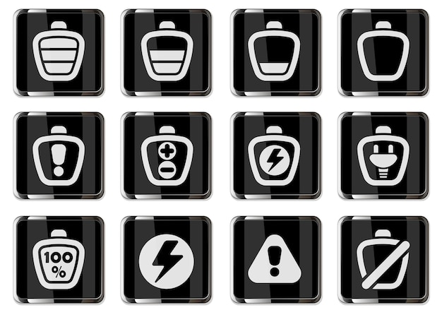 Battery pictograms in black chrome buttons. icons set isolated for user interface design