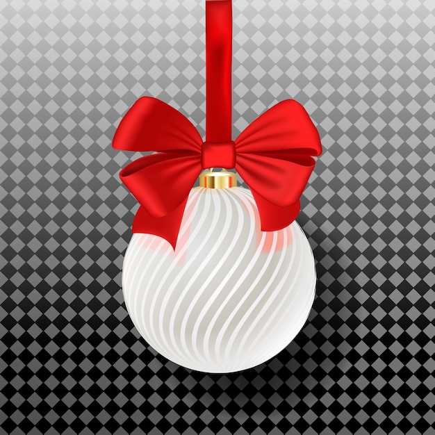 Bauble with white stripes hanging on a ribbon with red bow isolated.