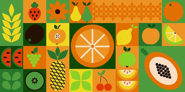 Bauhaus fruits Abstract geometric food bright colorful green and orange pattern simple forms Natural organic background modern banner or horizontal poster agriculture design Vector illustration