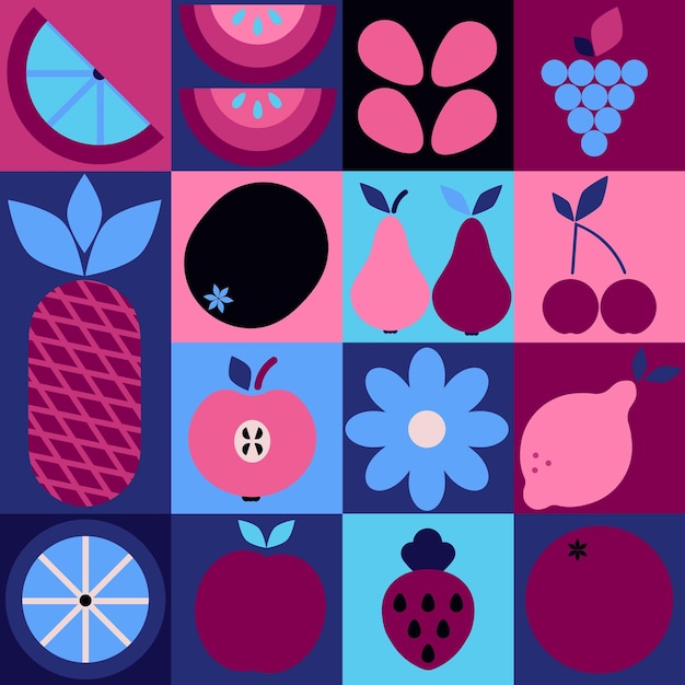 Bauhaus fruits pattern seamless Abstract geometric food bright colorful blue and pink Natural organic agriculture background Decor textile wrapping paper wallpaper Vector print or fabric