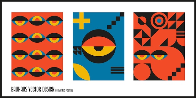 Bauhaus geometric design with eyes elements. Primitive modern shapes and forms. Vector interior posters, covers, banners.