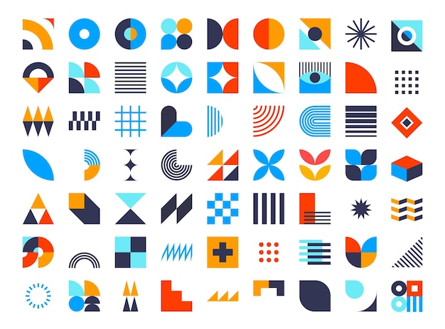 Bauhaus geometric elements abstract shapes and modern forms vector set Circle square and triangle figures of basic geometry color lines crosses stars eyes arches and zigzag bauhaus elements