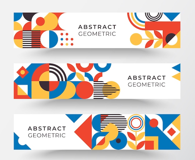 Bauhaus inspired three horizontal banners with square figures shadows and text