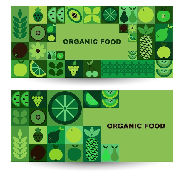 Bauhaus organic food banner Abstract geometric fruits bright colorful green pattern simple forms Natural organic background horizontal poster eco agriculture design vector illustration