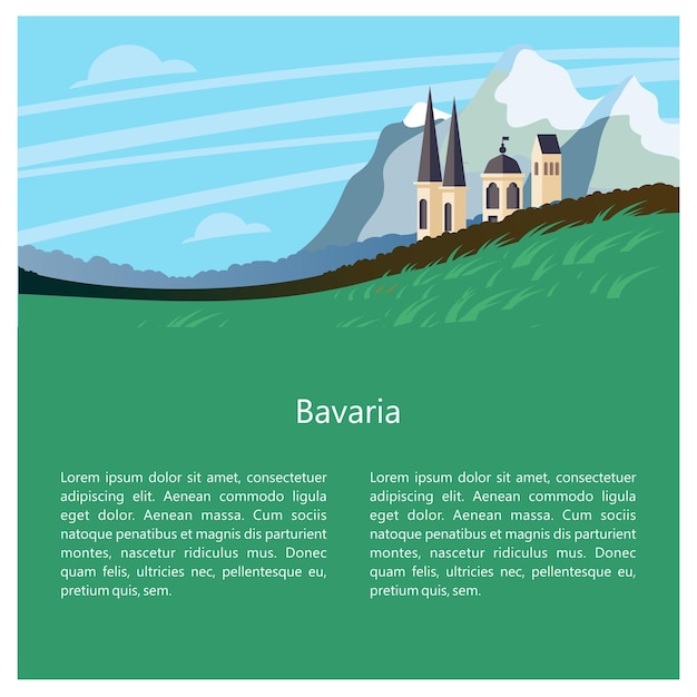 Bavaria, Germany. Beautiful landscapes, traditional architecture of Bavaria. Castles, villages, mountains, fields. Postcards, logos, emblems with space for text.