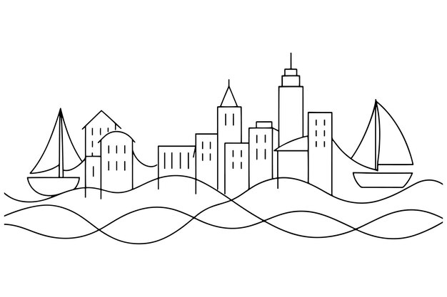 Vector bay with city continuous line art vector illustration on white background