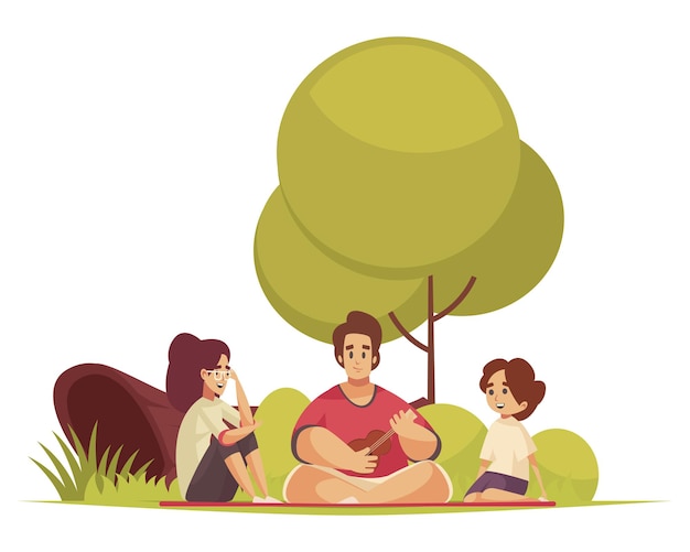 Bbq composition with outdoor landscape and characters of family members sitting on ground playing guitar vector illustration