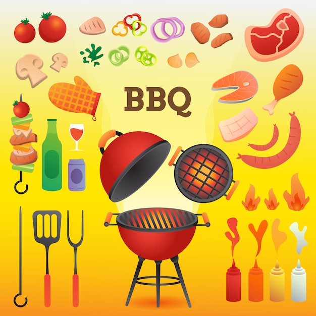 BBQ grill and BBQ tools set flat style for card or invitation template  illustration.