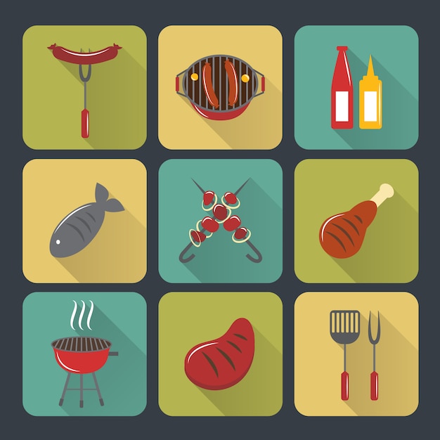 Bbq grill icons flat set