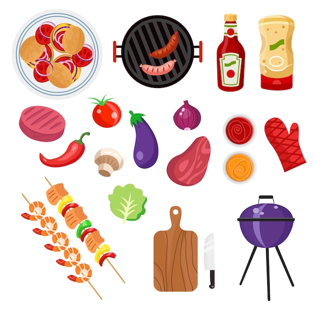 BBQ grill set Food ingredients and kitchenware for grilling meat vegetables and kebab on barbecue