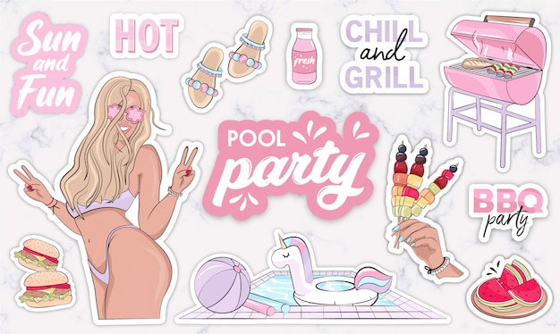 BBQ objects and quote stickers for pool party