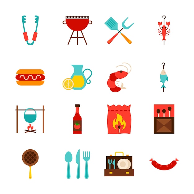 BBQ Party Objects. Flat Style Vector Illustration. Barbecue Collection of Items Isolated over White.