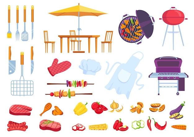 Bbq picnic food. Barbecue cooking steak, meat, fish and chicken. Cook apron, spatula, fork and knife. Cartoon summer grill party vector set. Outdoor table with chairs and big umbrella