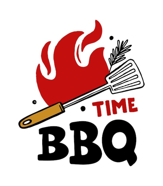 BBQ time handdrawn inscription slogan food court emblem menu restaurant bar cafe Vector of fire