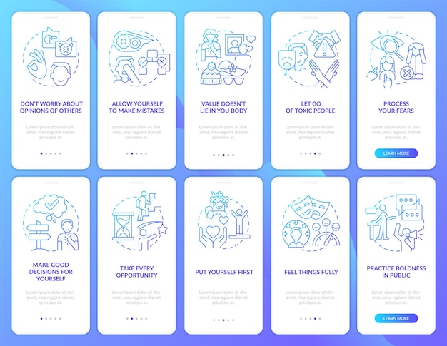 Be good to yourself ways blue gradient onboarding mobile app screen set