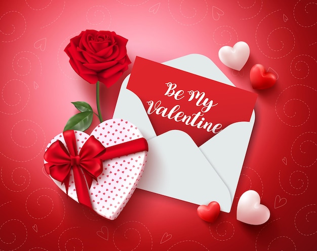 Be my valentine greeting card vector design with love letter rose and gift and hearts elements