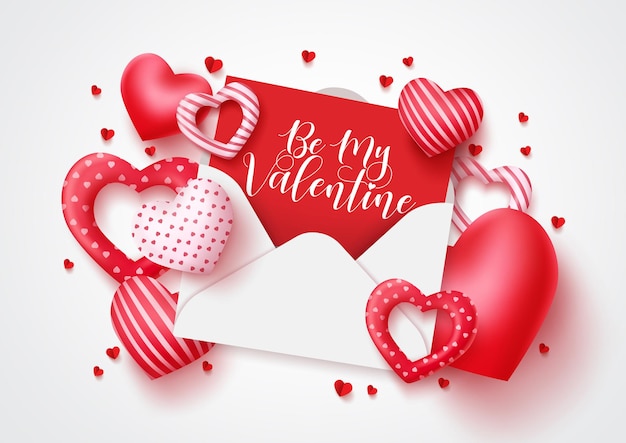 Be my valentine vector greeting card design for valentines day with love letter and heart shapes