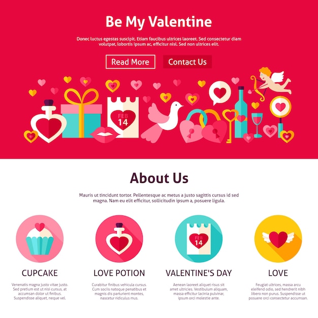 Be My Valentine Web Design. Flat Style Vector Illustration for Website Banner and Landing Page. Love Holiday.